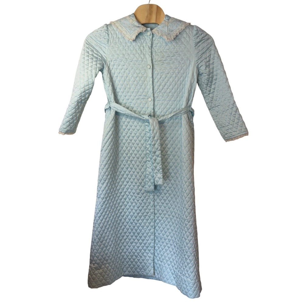 Vintage Eve Stillman 60s 70s Quilted Robe Housecoat Size S Blue Feminine Lace